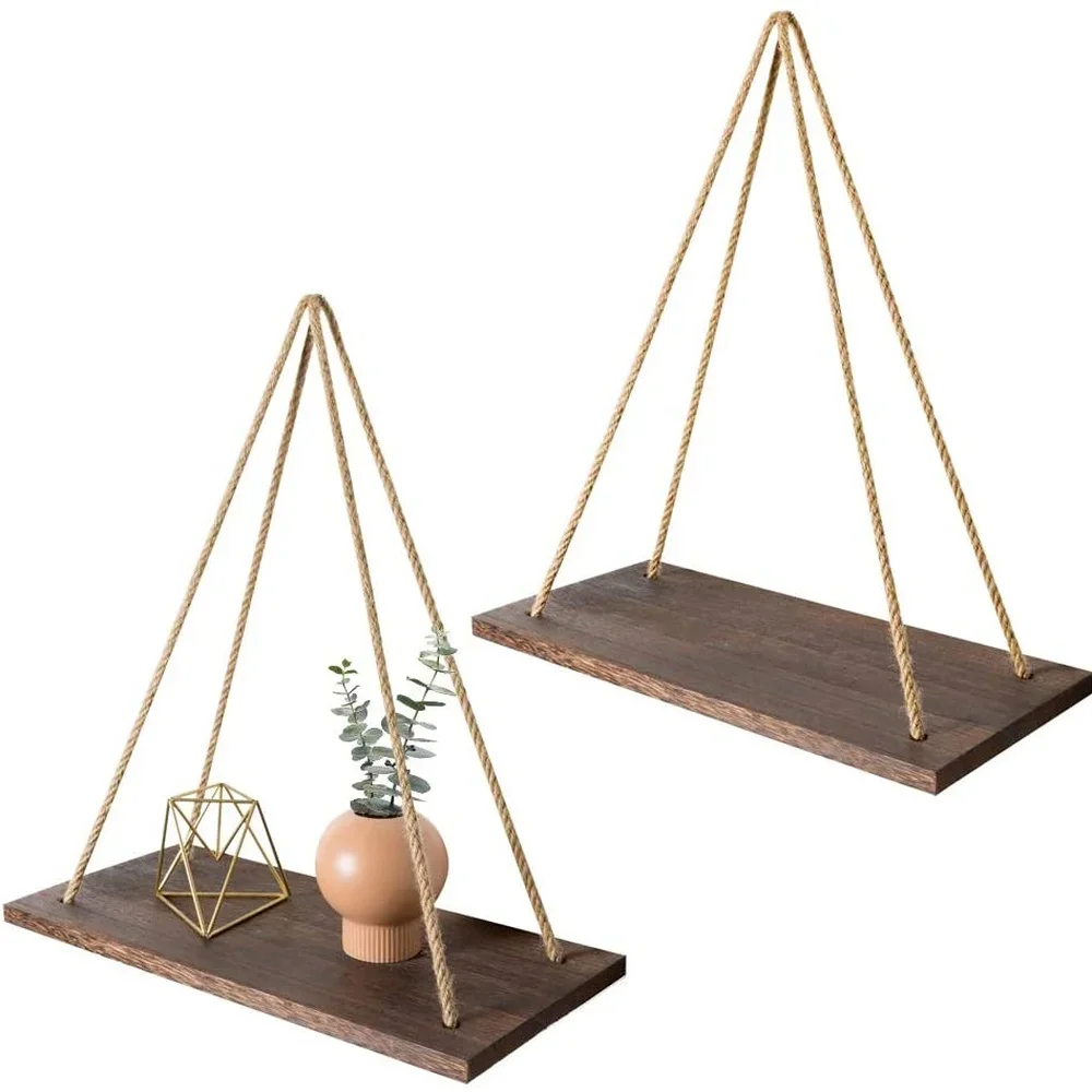 Wood Swing Hanging Rope Wall Mounted Floating Shelves Plant Flower Pot Indoor Outdoor Decoration