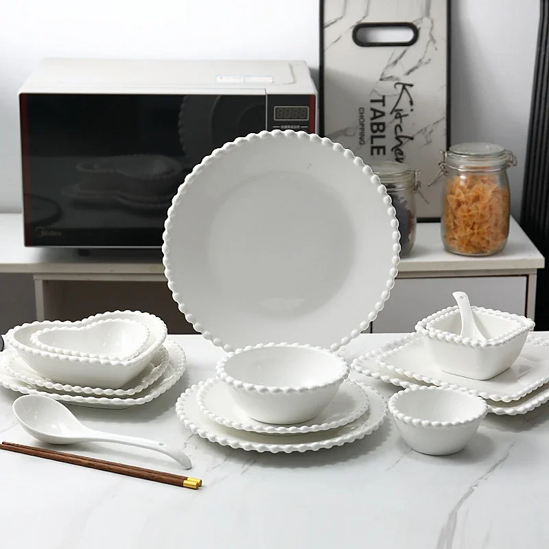 French Romantic Bead Edge Pure White Ceramic Tableware High Beauty Plate Dessert Western Salad Flat Plate Steak Plate