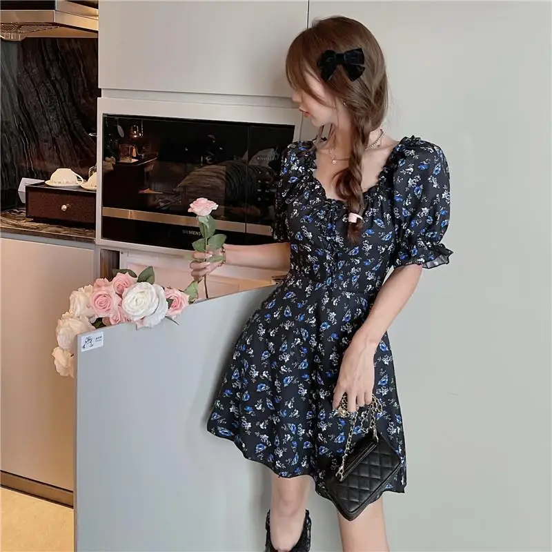 Short Sleeve Dresses For Women Casual Flower Square Neck Lady Elegant Popular Korean Style Girlish Sundress A-line Summer Trendy