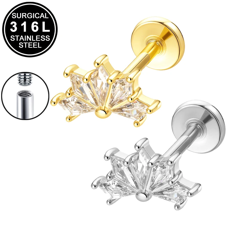 316L Stainless Steel Stud Earrings with Crystal CZ, 16G Internally Threaded Labret Flat Back Ear Studs for Sensitive Ears Tragus