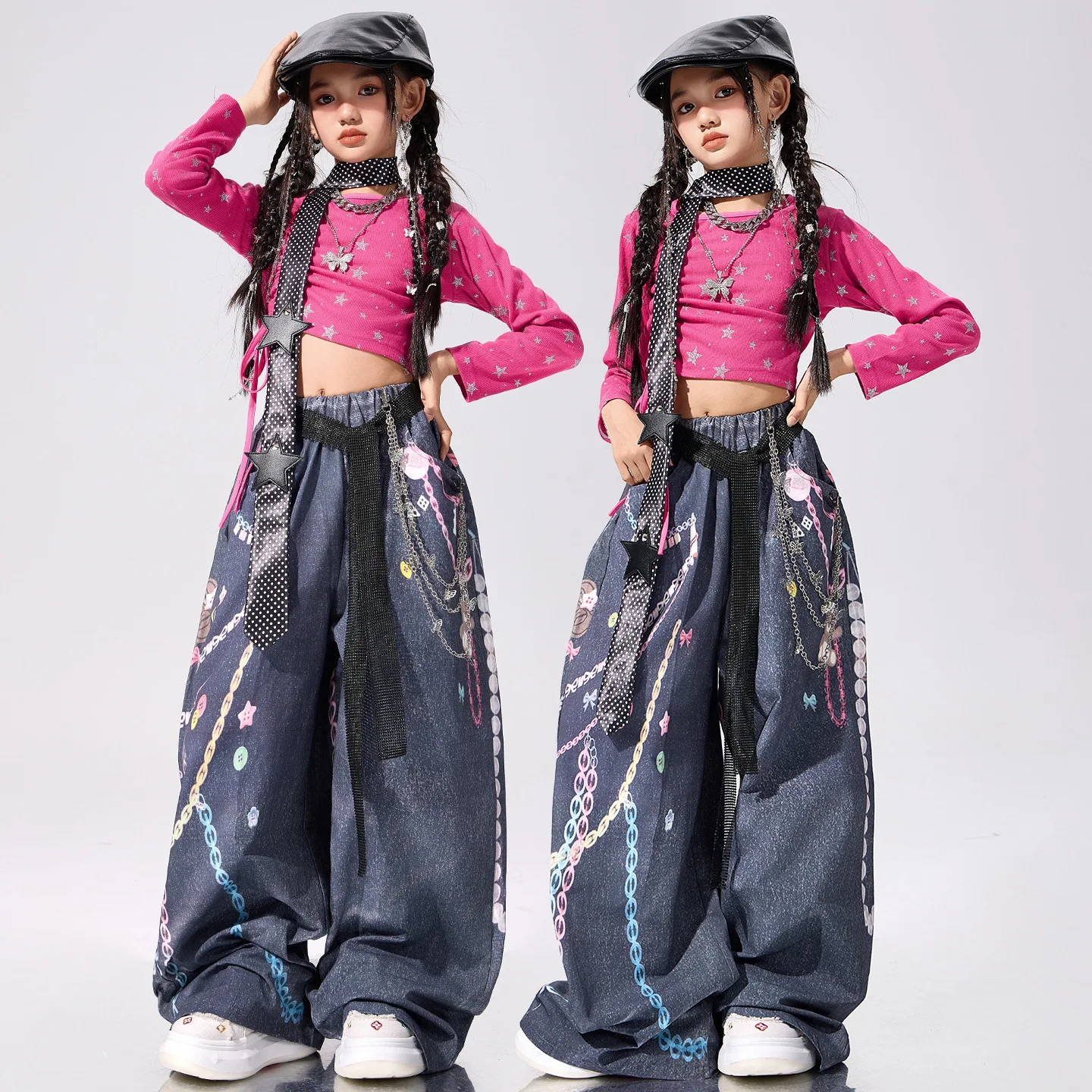 Hip Hop Girl Sparkly Off shoulder Crop Tops Kids K-pop Crop Top Denim Pant Jazz Clothes Sets Child Girl Group Streetwear Costume