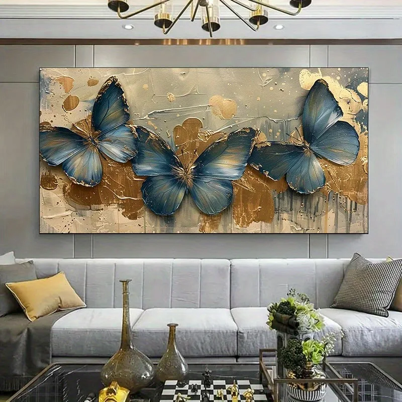 

Large Vintage Gold Blue Butterfly Canvas Painting Print, Wall Art Poster, Bedroom Living Room Decoration, Modern Home Decor