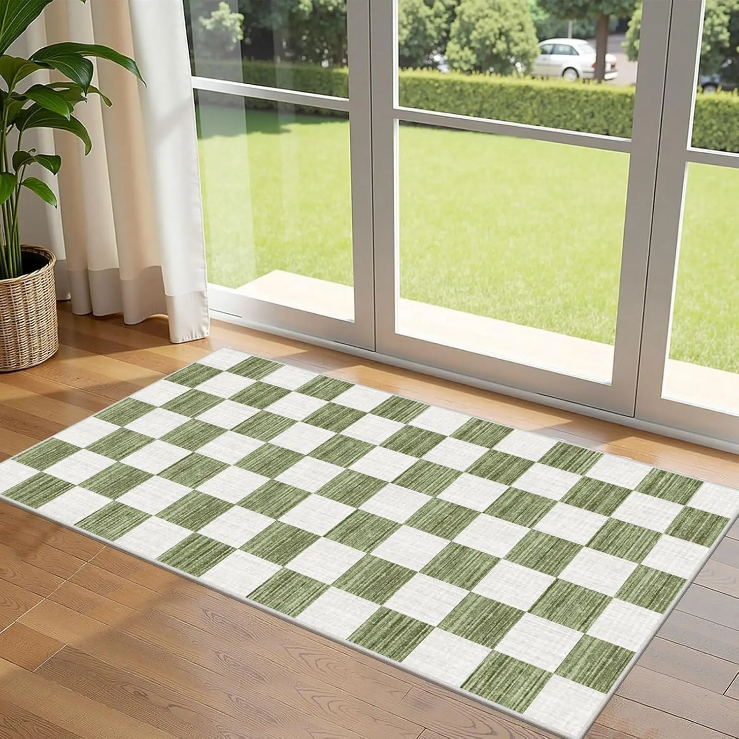 

Front Door Mat Indoor Entrance - 2x4.3 Ft Green White Non-Slip Washable Doormat Outdoor Entrance Porch Rug Checkered Runner R