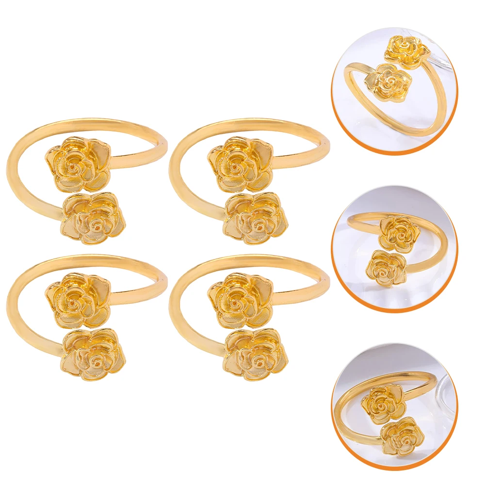 

4 Pcs Rose Metal Napkin Buckle Flower Holder Decorate Elegant Golden