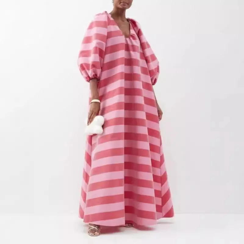 Elegant V คอพัฟแขนยาวชุดผู้หญิงแฟชั่นพิมพ์ลายหลวม Swing Party ชุดลําลองเอวสูงชุด Maxi