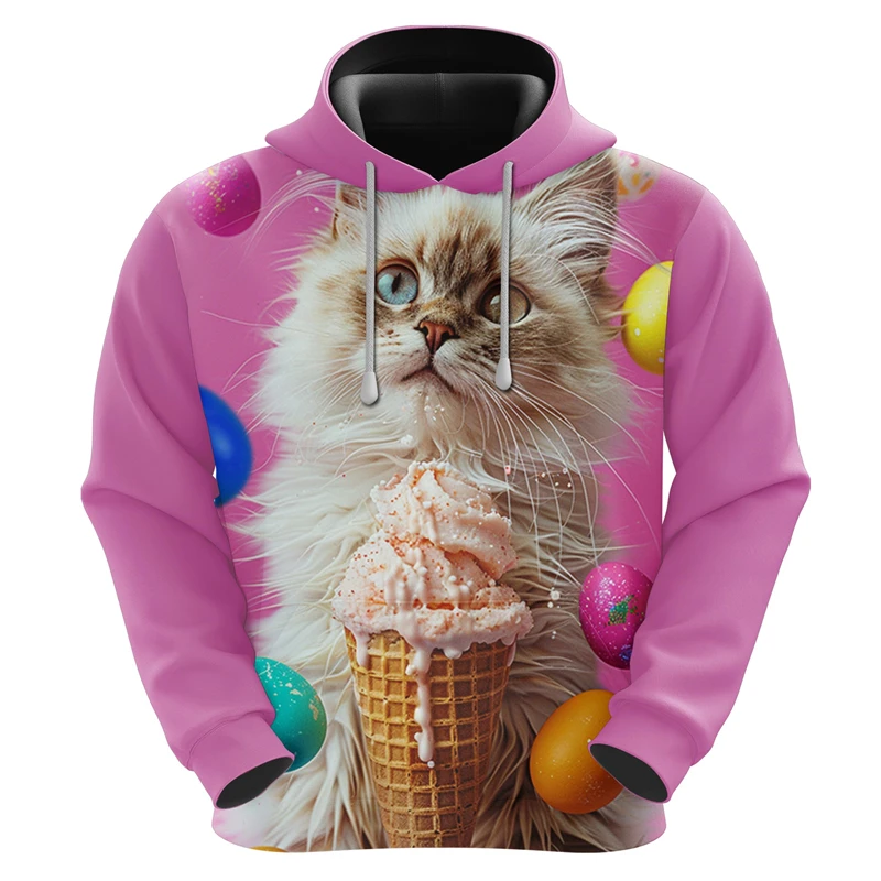 Cute Cats Pattern Hoodies Fashion Men Women 3D Ice Cream Printed Hooded Sweatshirt Casual Cat Lover Pullovers Loose Kids Tops