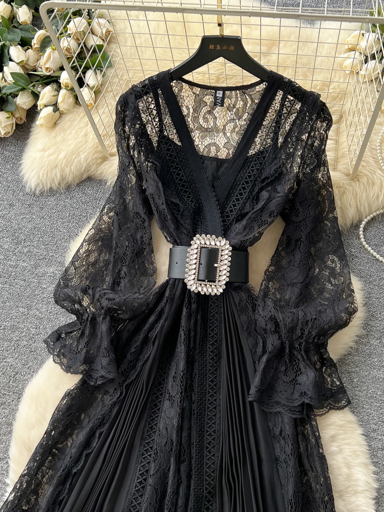 Ele V-ne Ruched الخصر هوك الدانتيل الدكتور المرأة تنورة طويلة الخريف 2025 جديد Sle الكورية Sle عالية الخصر ألف خط الدكتور #3