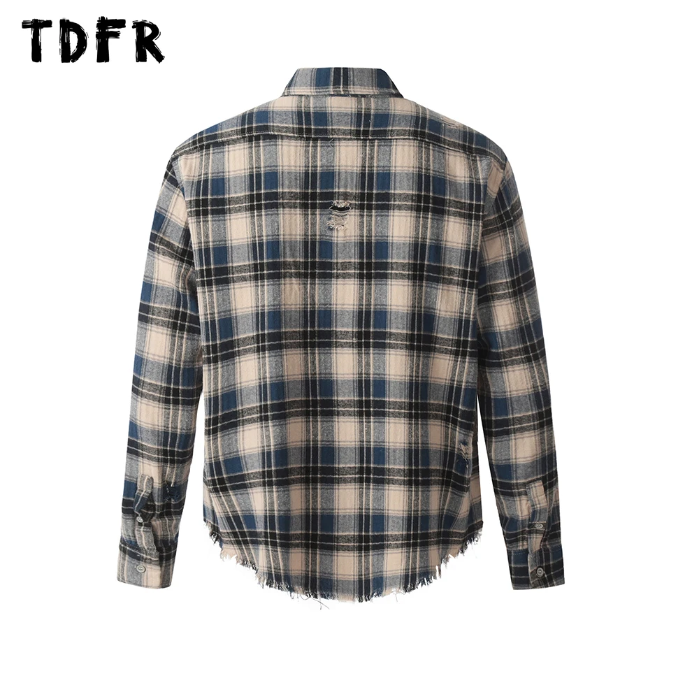 Raw Edge Plaid Long Sleeve Shirts Mens Ripped Retro Autumn Streetwear Loose Lapel Single Breasted Pocket Shirts Men