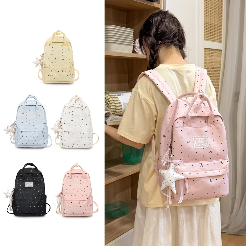 Kawaii Polka Dot Aesthetic Preppy Backpack Large Capacity Travel Rucksack Travel Casual Daypack for Teen Girls Women