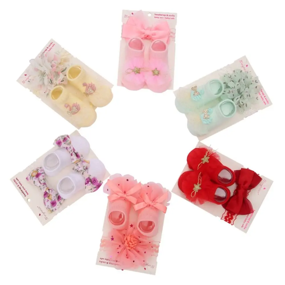 Gifts Floral Lace Baby Socks Set Cotton Blend Tulle Baby Headband Set Bow Decor Soft Stretch Infant Socks Set Infant Girls