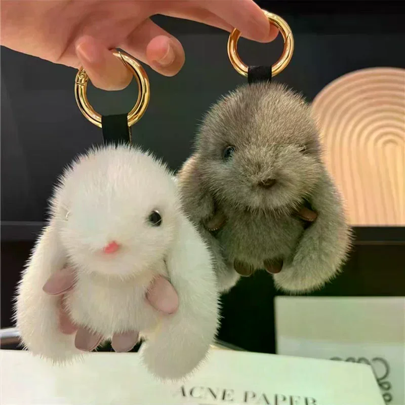 Fluffy Rabbit Keychain Ring Plush Pompon Bunny Bag Pendant For Couple Car Key Ring Jewelry Gifts Cute