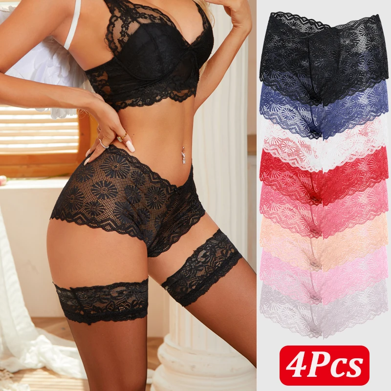 4PCS frauen Sexy Spitze Sunflower Boyshort Nahtlose Einfarbig Bowknot Elastische Perspektive Höschen Weibliche Atmungsaktive Boxer Kurze