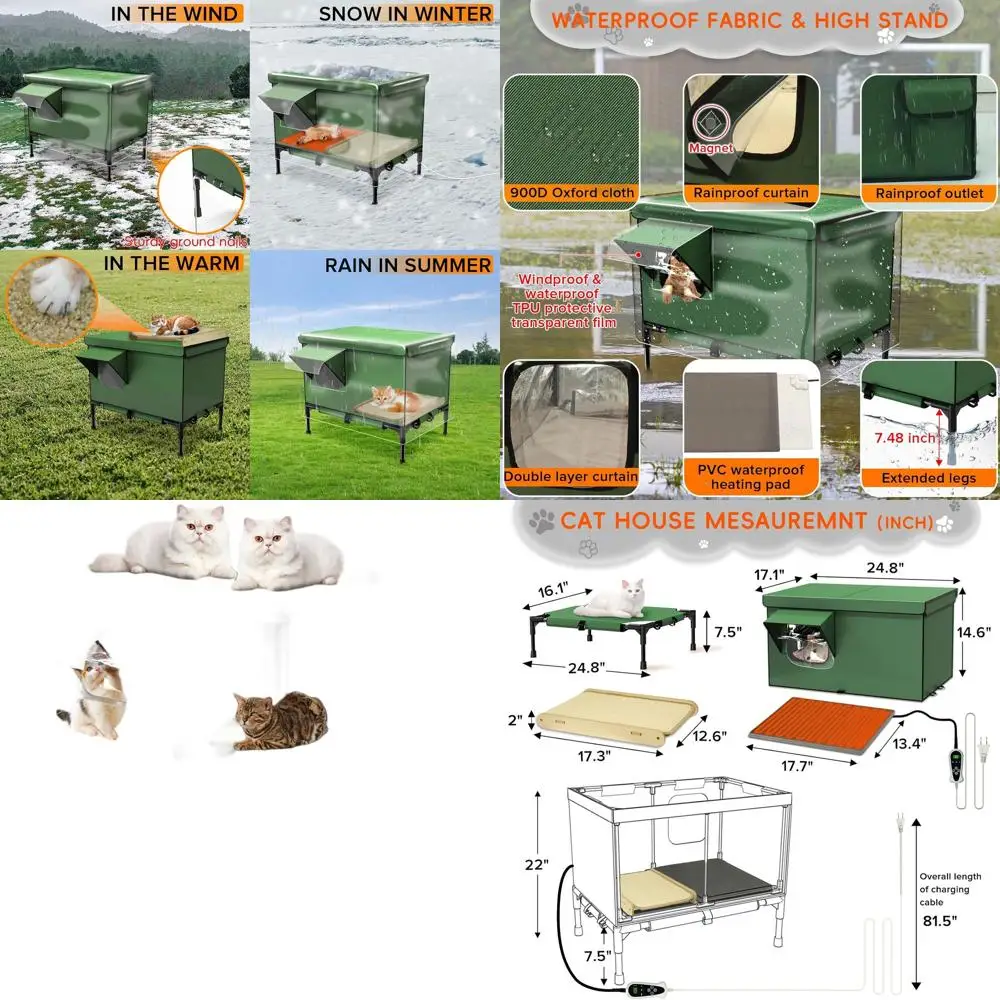 

Всепогодное укрытие для кошек 4-в-1 на открытом воздухе: водонепроницаемое, ветрозащитное, с подогревом и приподнятыми кроватьями