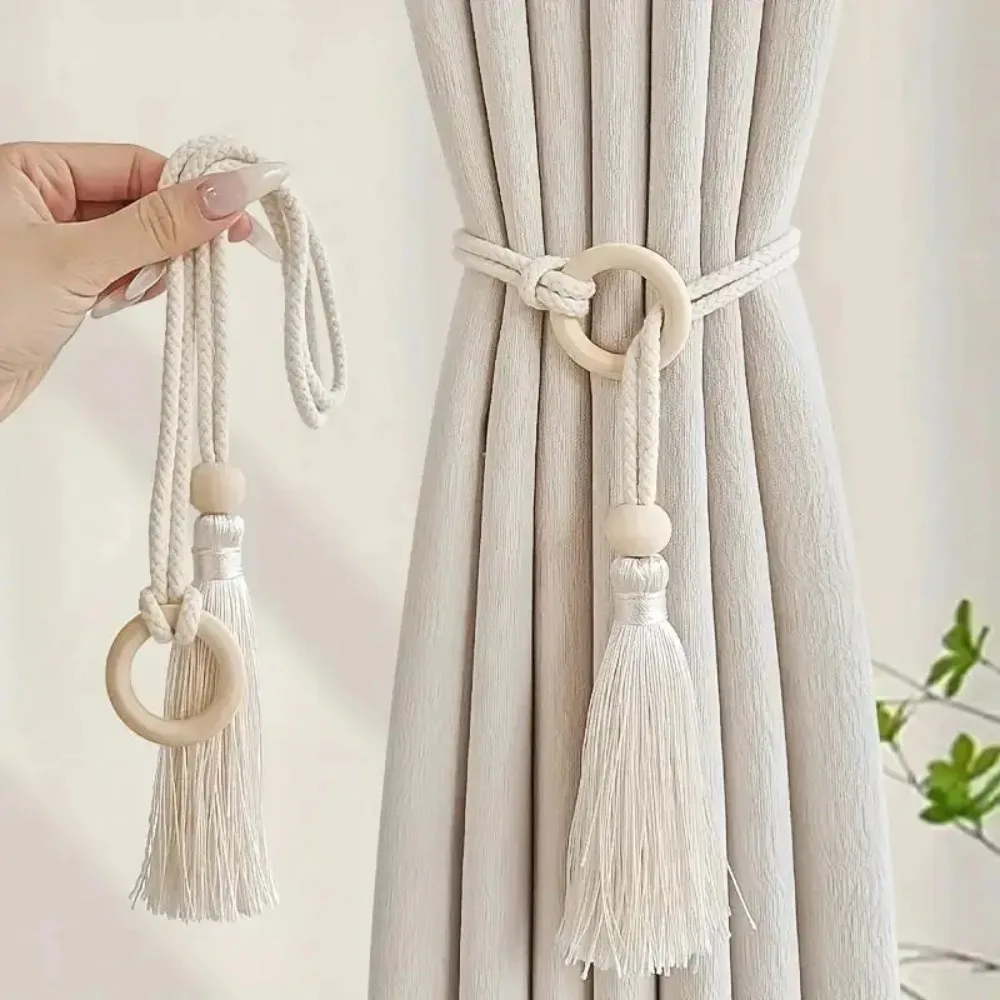 2pcs Bohemian Chic adjustable cotton cord curtain tie fringe - hand woven, log loop curtain buckle strap