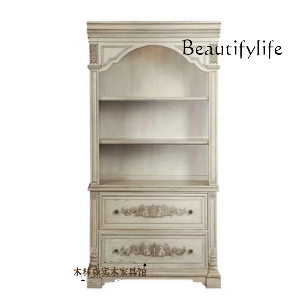 American Country Solid Wood Bookcase French Retro Distressed Carved Cabinet Simple European Display Cabinet Movable