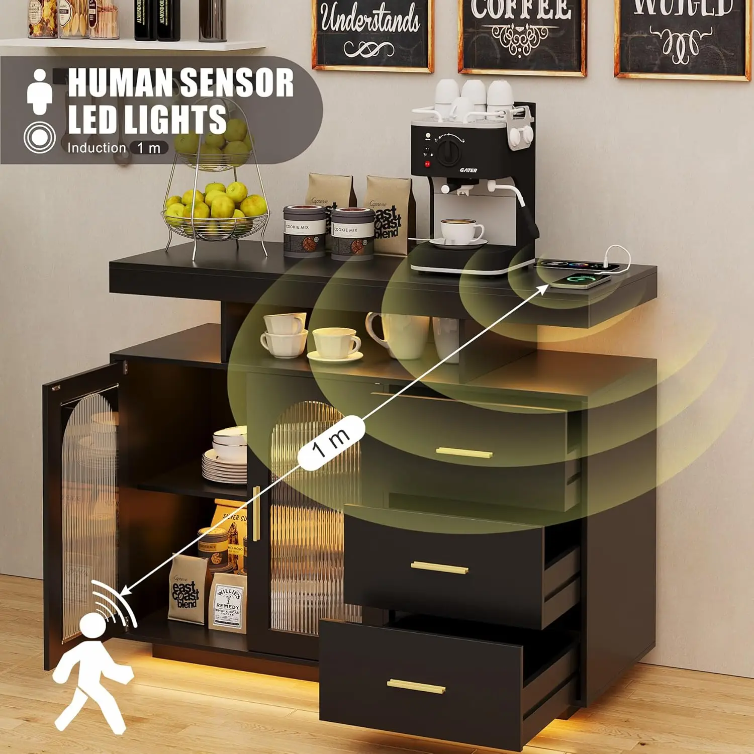 خزانة بوفيه مع مساحة تخزين، طاولة بار قهوة حديثة مع 3 أدراج وبابين للمطبخ، مصابيح LED بـ 20 لونًا، خزانة جانبية