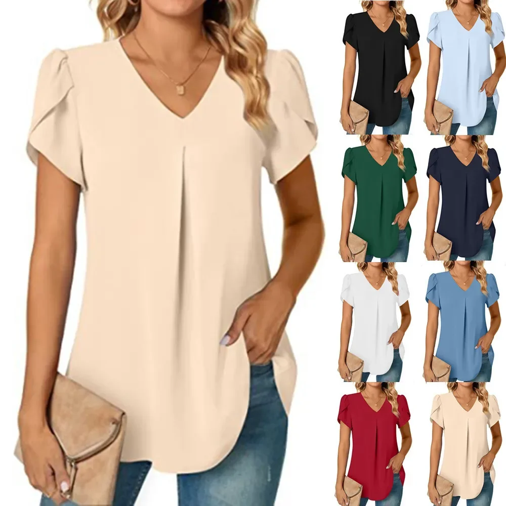 

Sexy V Neck Ruffle Short Sleeve Blouse Shirts Summer Women V Neck Solid Color Loose OL Workout Blouse Tops