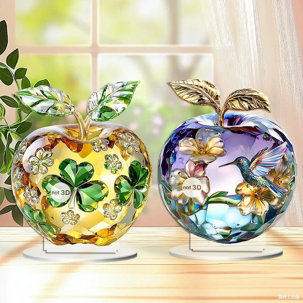 Crystal Bird Lucky Grass Flower Apple Table Christmas Ornament Acrylic 2D Landscape Pattern Shelf Living Room Desktop Hoem Decor