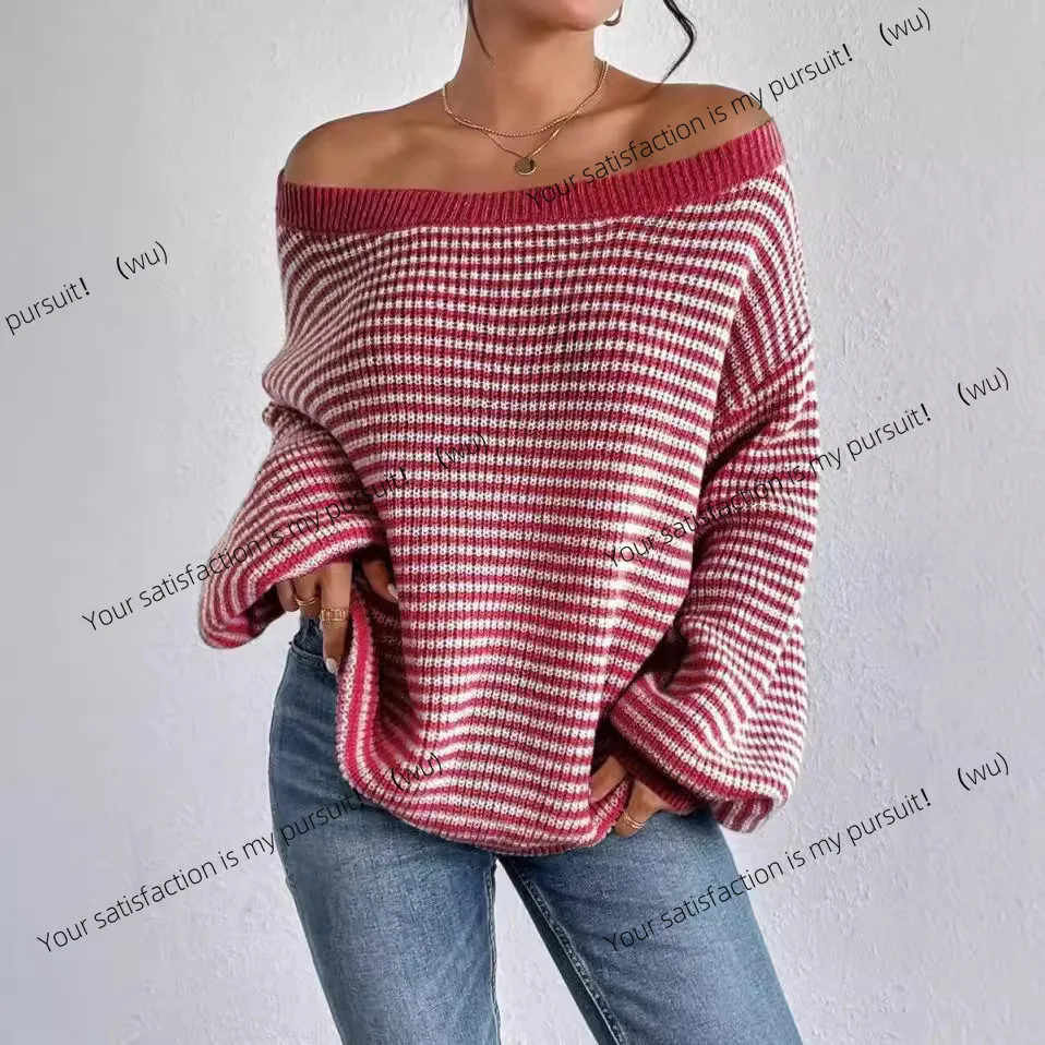 

Вязаный универсальный свободный полосатый свитер с рукавами-фонариками на шее и ленивым ветром, женский свитер