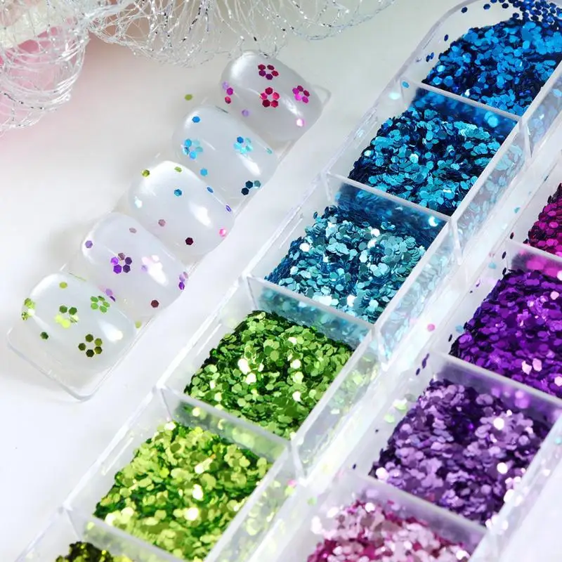 Mini Sparkling Hexagon Nail Glitter Sequins 12 Grids Pack DIY Shiny Manicure Decor for Wedding Nail Design