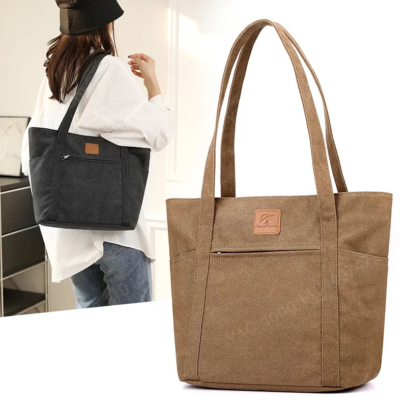 Yao Dong Bolso de mano de lona minimalista de gran capacidad, bolso de hombro versátil para mujer, bolso de compras informal para ir al trabajo