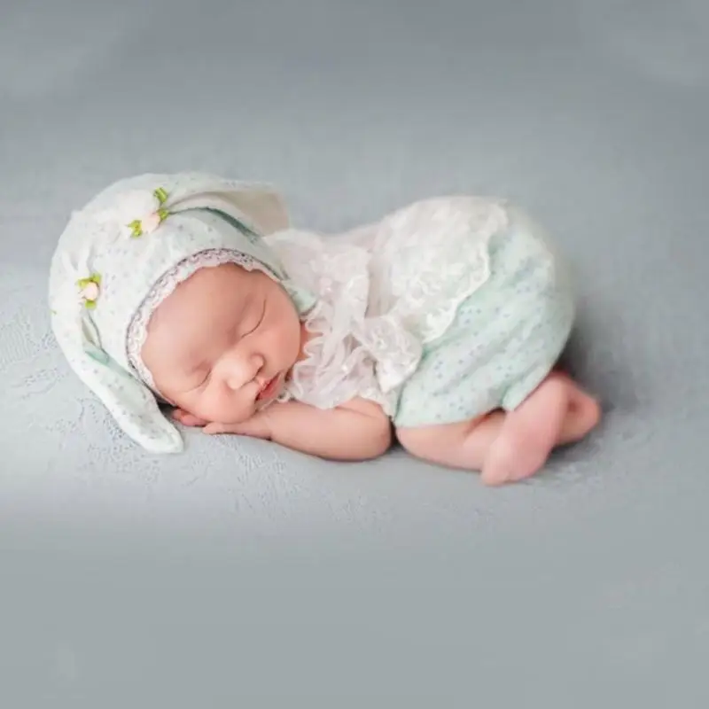 A5YC فستان دانتيل لحديثي الولادة بطبقة من التول من القطن بتصميم داخلي على شكل أذن حيوان لتصوير الأطفال البنات #4