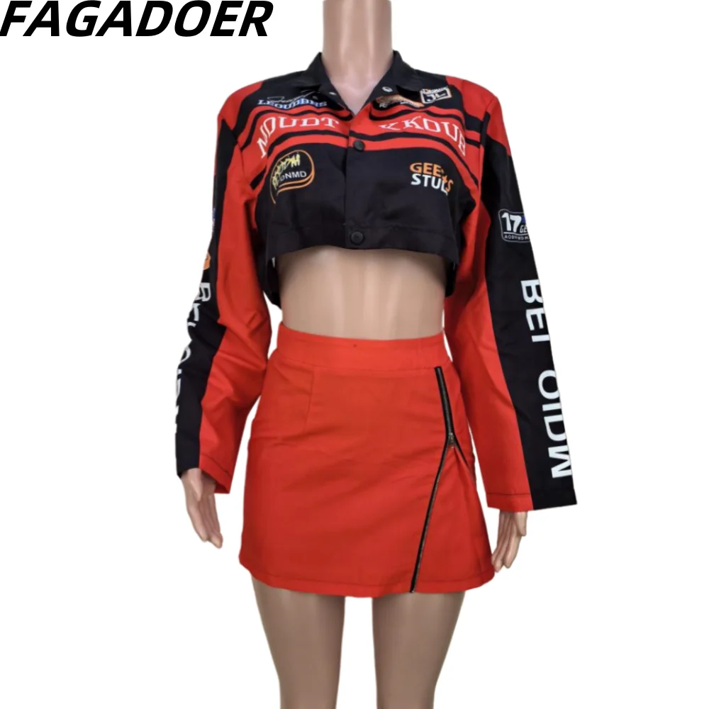 FAGADOER-Conjunto de dos piezas de chaqueta de béisbol para mujer, Top corto de manga larga con estampado de letras y minifaldas, ropa de calle,