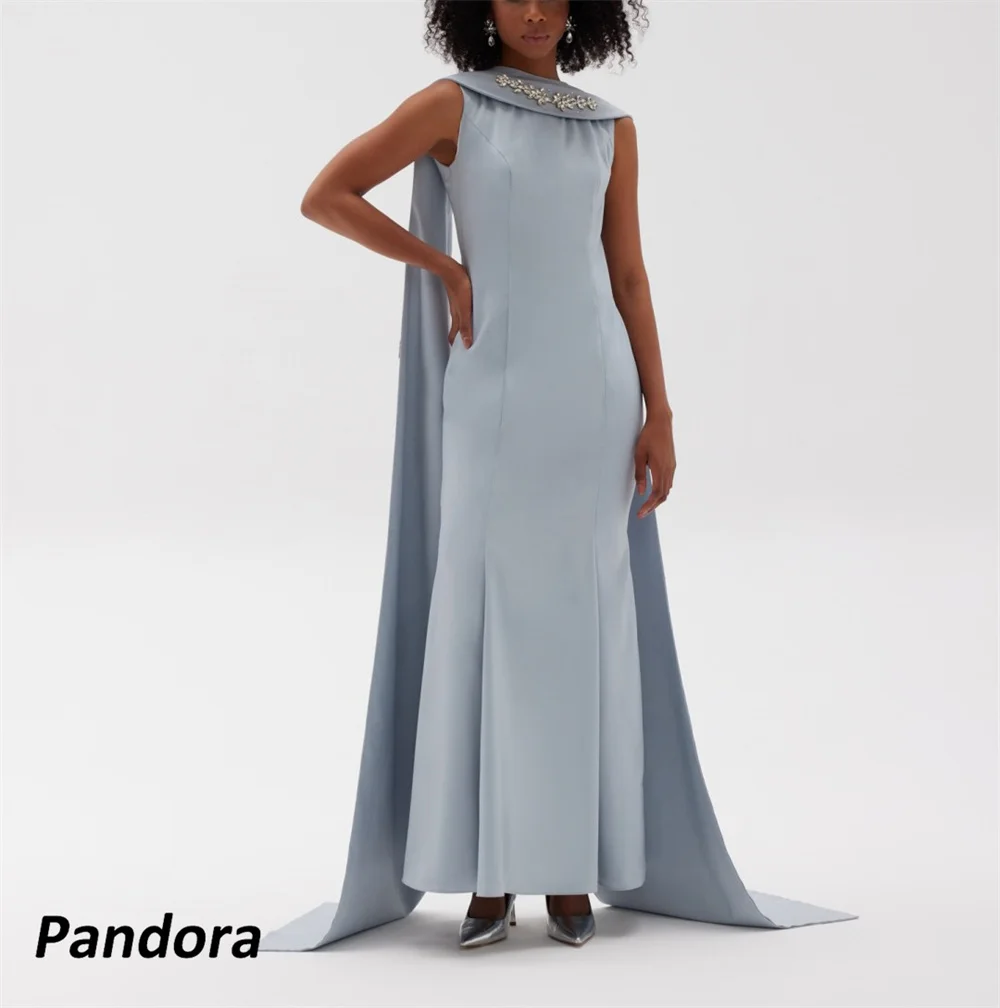 

Pandora Blue Ankle-length Evening Gown O Neck Beaded Long Cape Shawl Mermaid Women's wedding Banquet Party Dress