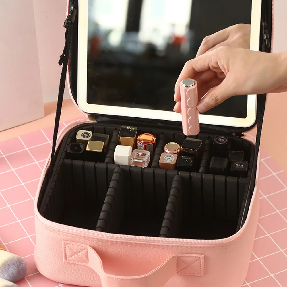 Makeup Bag with Mirror and Light Travel Makeup Train Case Cosmetic Organizer Portable Storage Bag with Adjustable Dividers