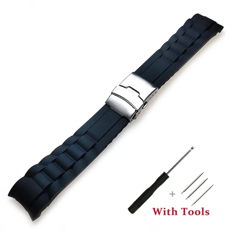 20mm 22mm Black Silicone Curved End Watch Strap Replacement for Universal Waterproof  Watch Bracelet Accessories with Tool