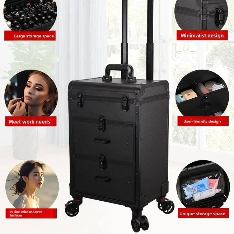 Large Capacity Aluminum Makeup Case Rolling Luggage Professional Nail Art Storage Box with Castors for Beauty Specialists