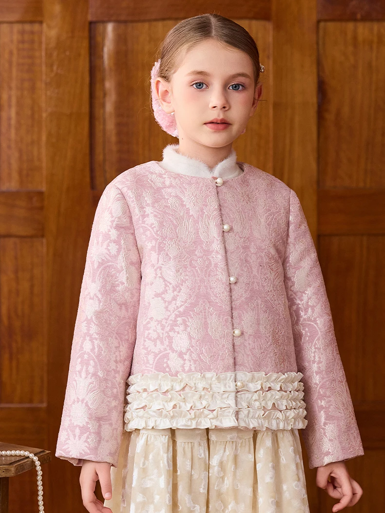 Girls' Pink Jacquard Padded Jacket Chinese-style Short Coat with Sweet & Fashionable Design for Winter Christmas Party New Year