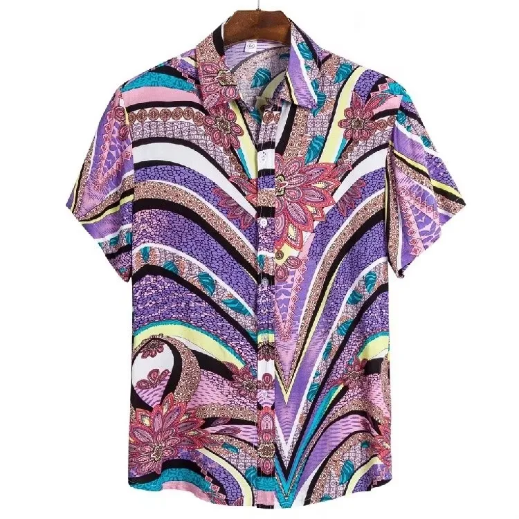 Retro Forest Style Short Sleeved Floral Shirt for Men, Casual, Loose, Beach Vacation, Lazy Style, Thin Top