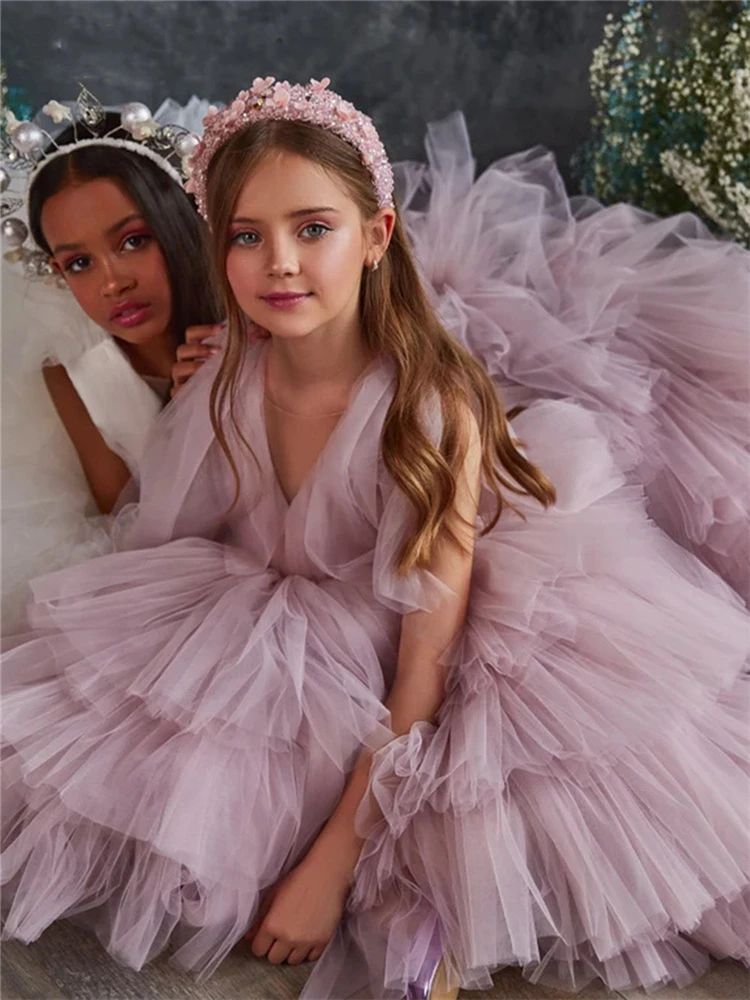 Robe de mariée en forme d'ange rose pour filles, tenue de princesse, en V, pour première communion, cadeau d'anniversaire pour enfants