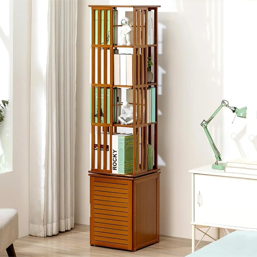 Rotating  Bookshelf,4/5 Tier Floor Standing Bookcase for Kids&Adult,Bamboo 360°Rotating Bookcase,Wood Narrow Book Shelf