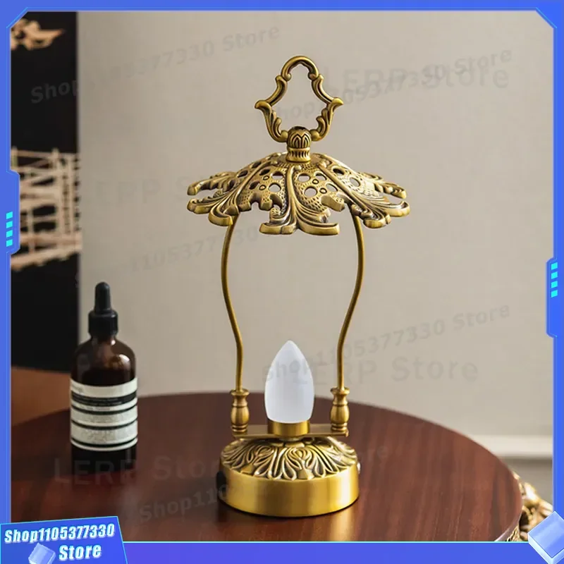 Vintage Hollow Brass Candle Holder Handmade Home Decor Portable Ambient Light Bar Table Ornament Camping Charging Lamp