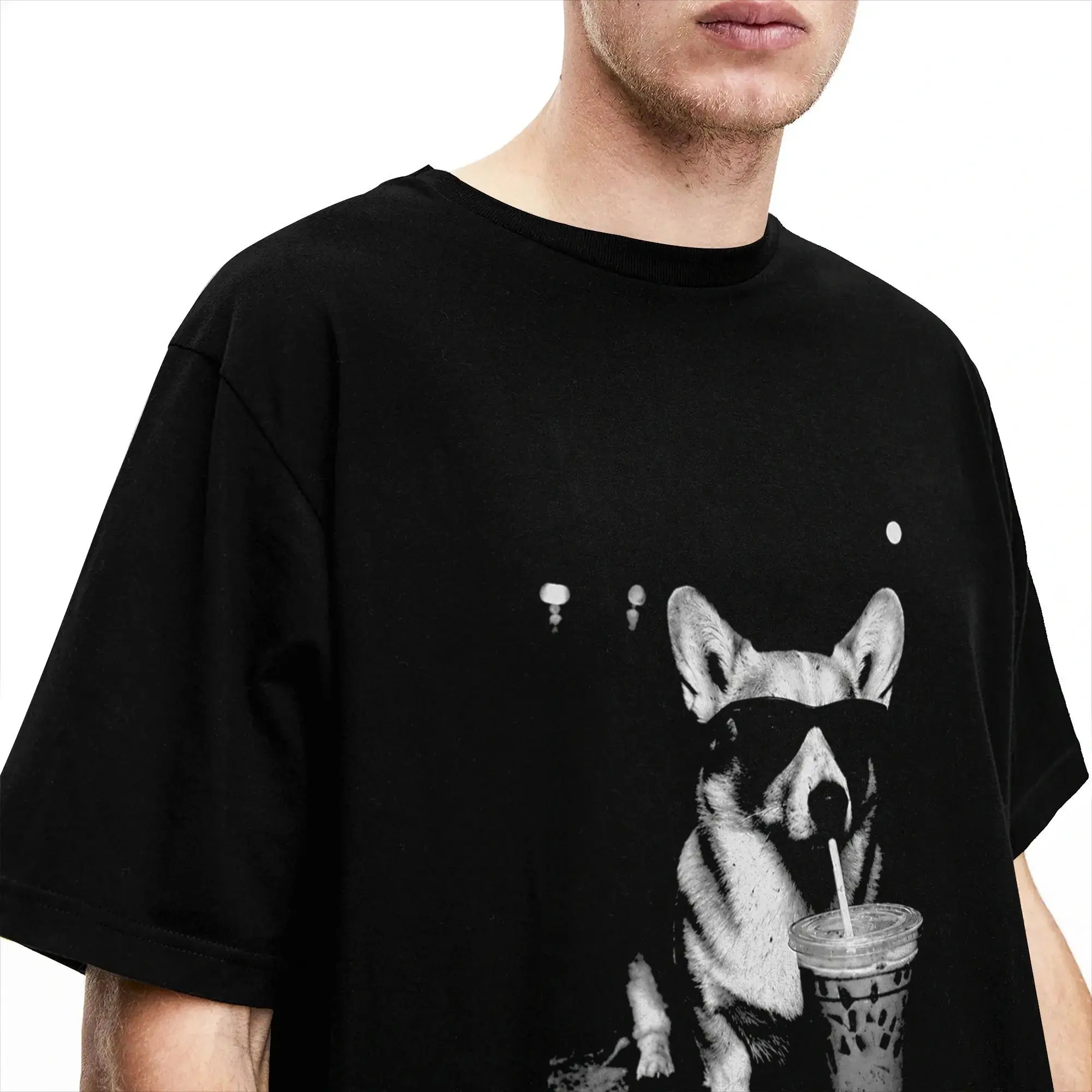 Corgi trinkt Eiskaffee, lustiges Corgi-Hund-Kaffee-Vintage-T-Shirt, Strand-Streetwear-T-Shirts, Hipster-T-Shirt aus reiner Baumwolle – Detail 3