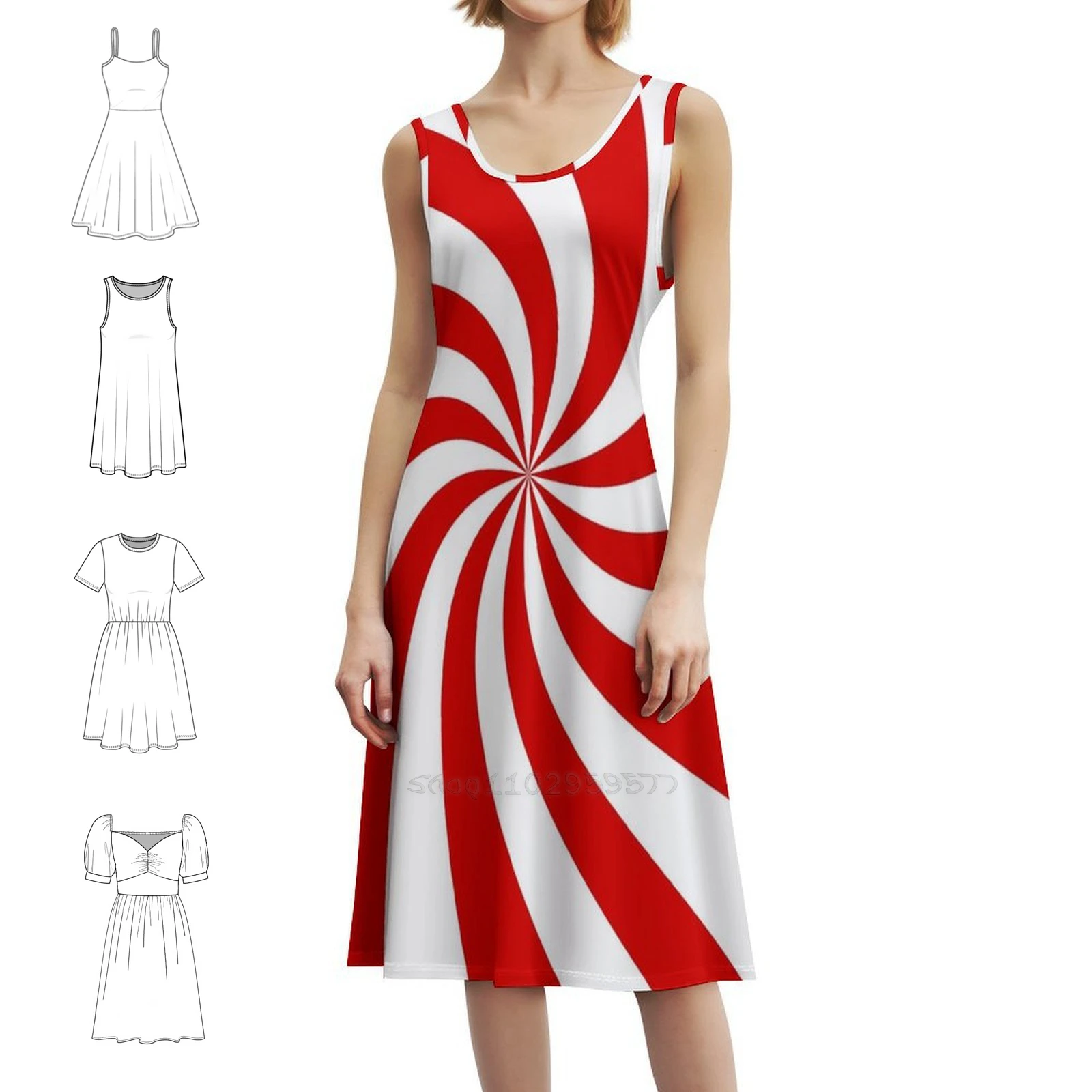 فستان عطلة مثير منقوش على شكل قصب الحلوى للنساء على الشاطئ وحفلات أعياد الميلاد فستان قصير على شكل قصب الحلوى وعصا الحلوى الدوامة