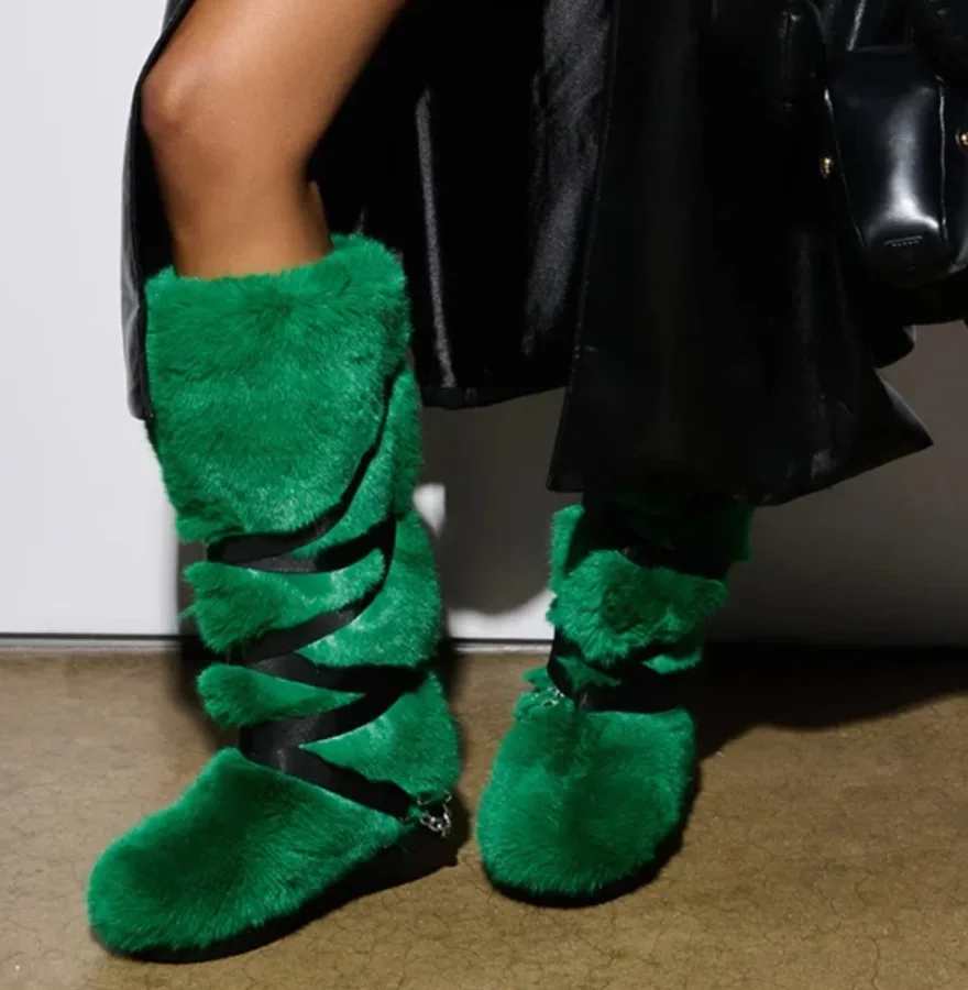 Winter New Women Green Faux Fur Mid Calf Boots Black Ribbon Wrap Silver Chain Decor Round Toe Fluffy Warm Long Boots Customized
