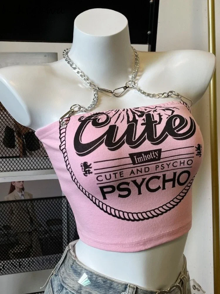 Top corto con espalda descubierta para Mujer, camiseta sin mangas con letras rosas dulces, Túnica Harajuku con cadena, chaleco Sexy Y2k, Ropa de