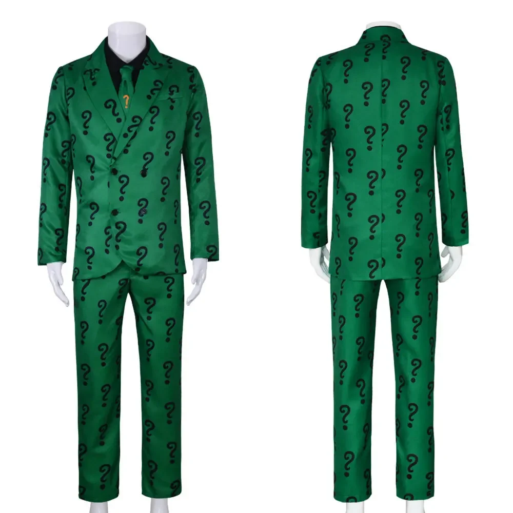 

Movie Edward Nygma Cosplay Green Adult Halloween Costume Villain Riddler Roleplay Green Question Mark Suit for Men Outsuits