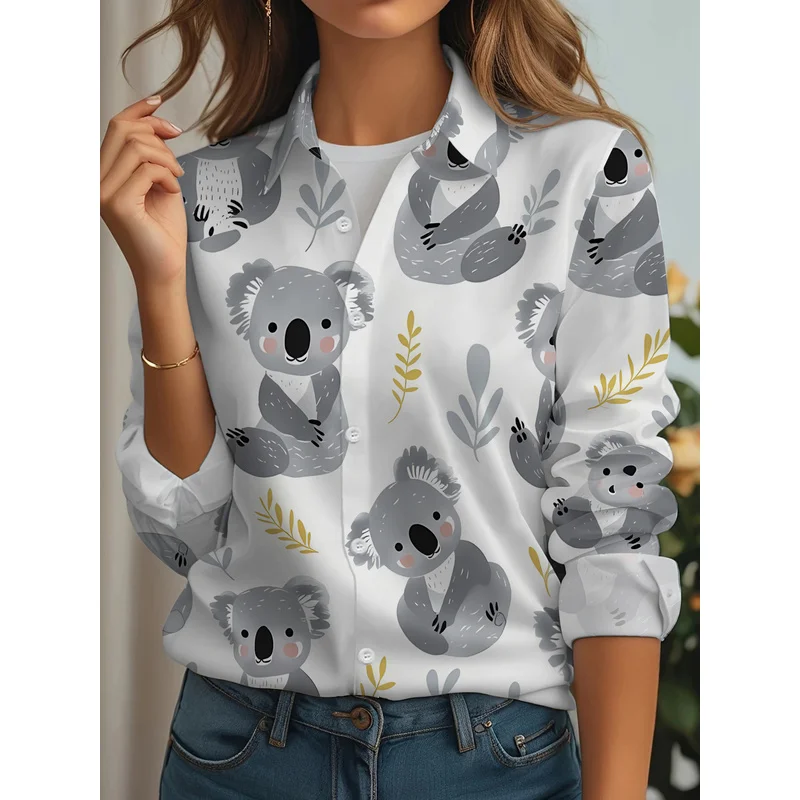 New Women's Casual Long-Sleeve Shirt with Adorable Koala and Leaves Pattern, Full-Print Cute and Design, Versatile