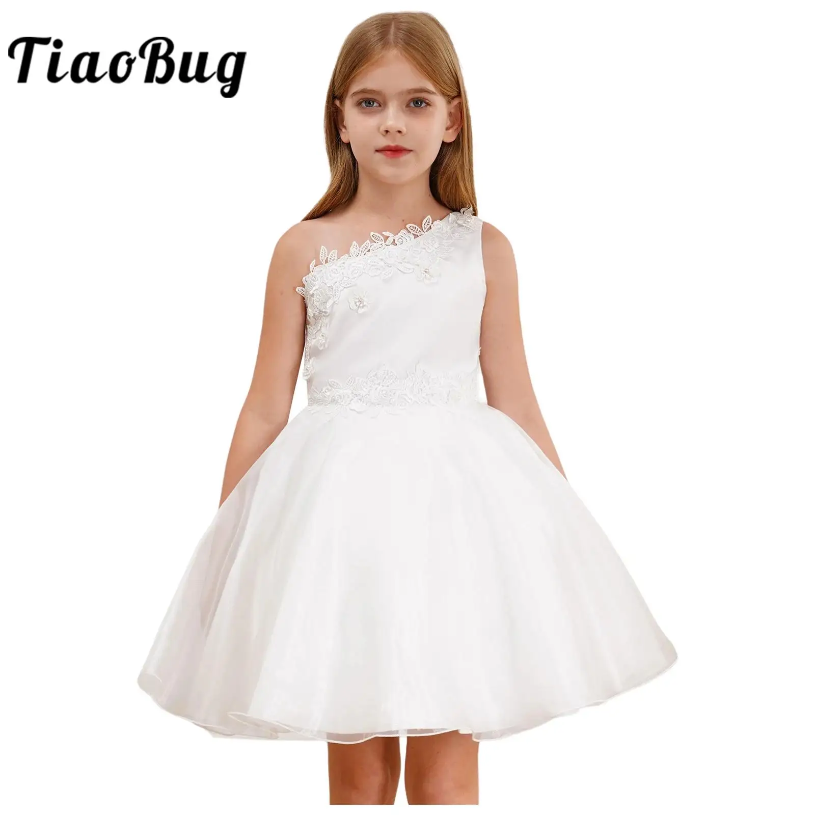 Flower Girl Dress White Kids Party Gown One Shoulder Embroidered Tulle Dresses Holy Communion Formal Wedding Pageant Vestidos