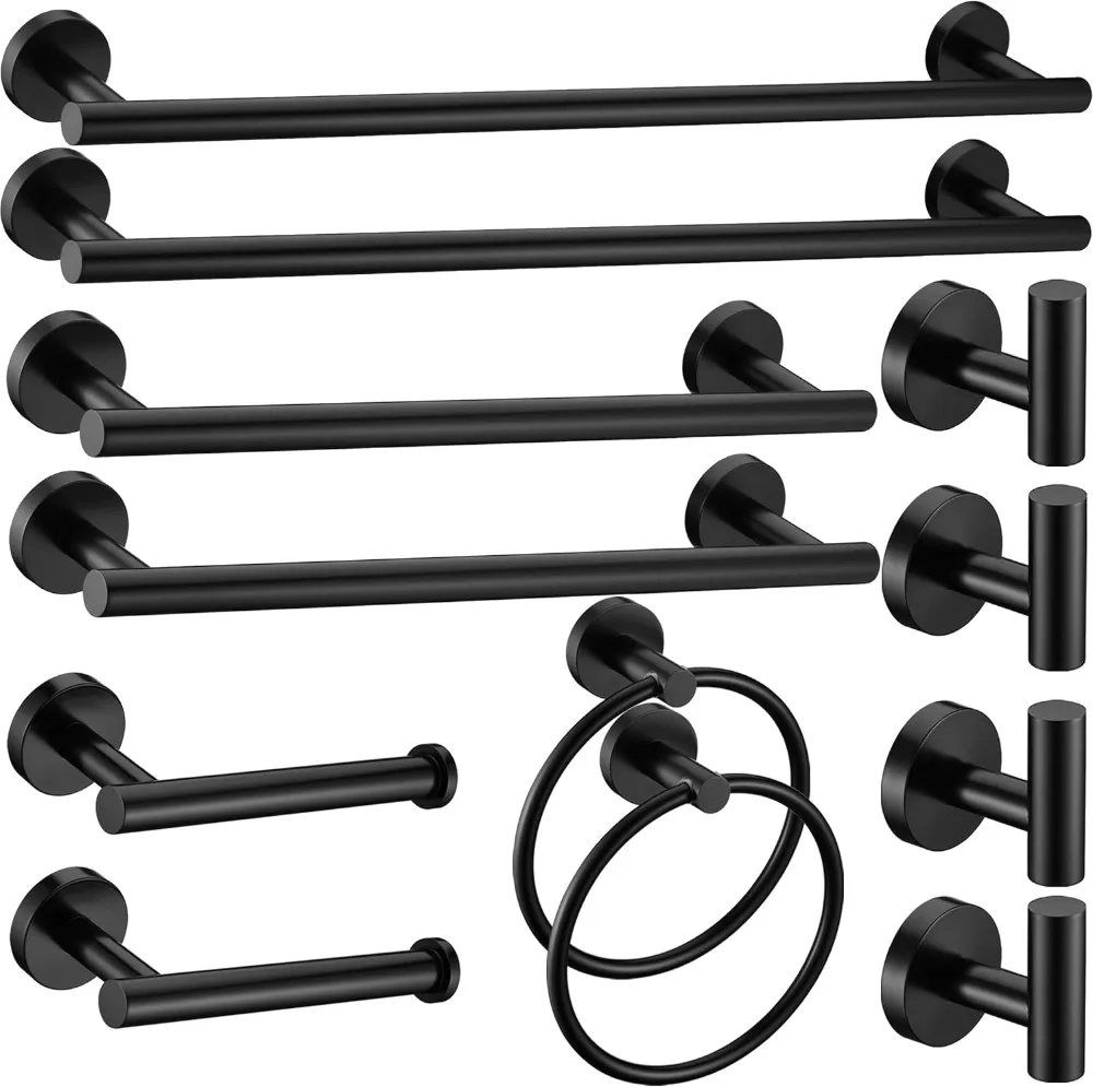 

12-Piece Matte Black Bathroom Hardware Set: Towel Ring, Bar, Holder & Hooks, Heavy Duty Wall Mounted