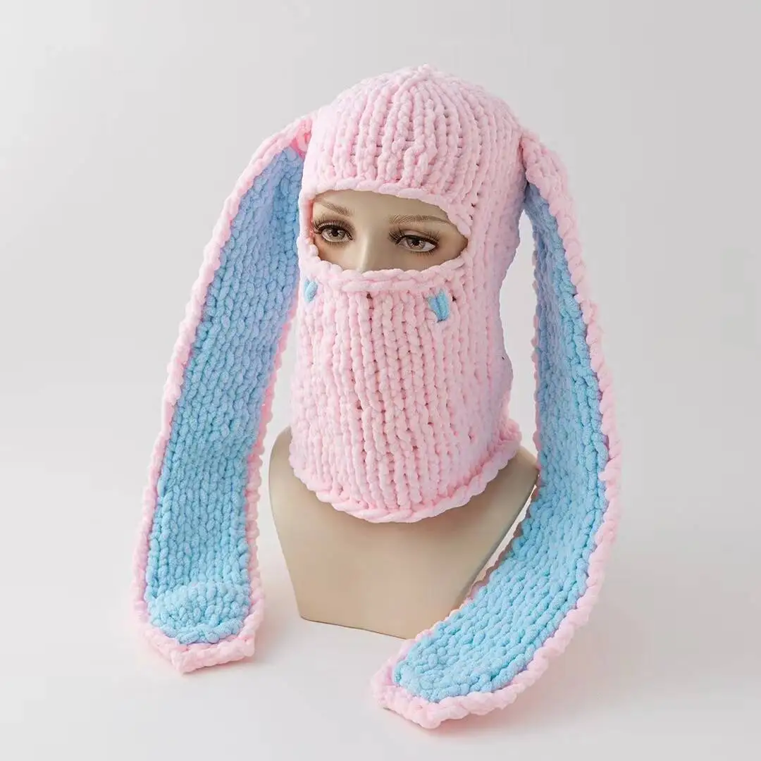 Y2k lange Hasen ohren Hut Winter handgemachte gestrickte lustige Mütze Kappe verdicken warme Voll gesicht Ski maske Abdeckung Sturmhaube für Party – Detail 14