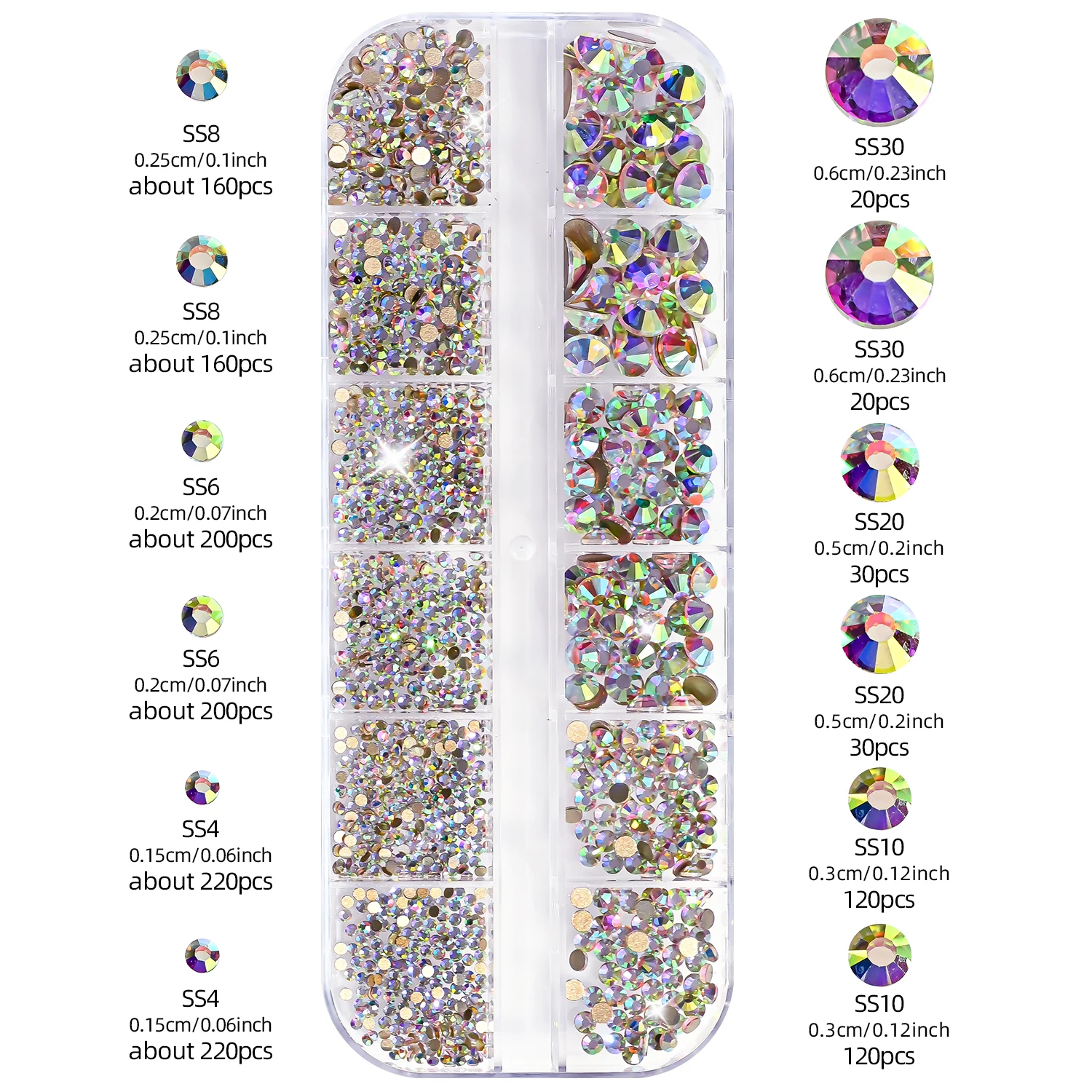 12er-Set 3D Glitzernde AB Runde Kristall-Nagelsteine SS4-SS30 Glas-Diamant-Nagelperlen Charms 1,5-6mm Flache Rückseite Nagel-Edelsteine D8@ – Detail 7