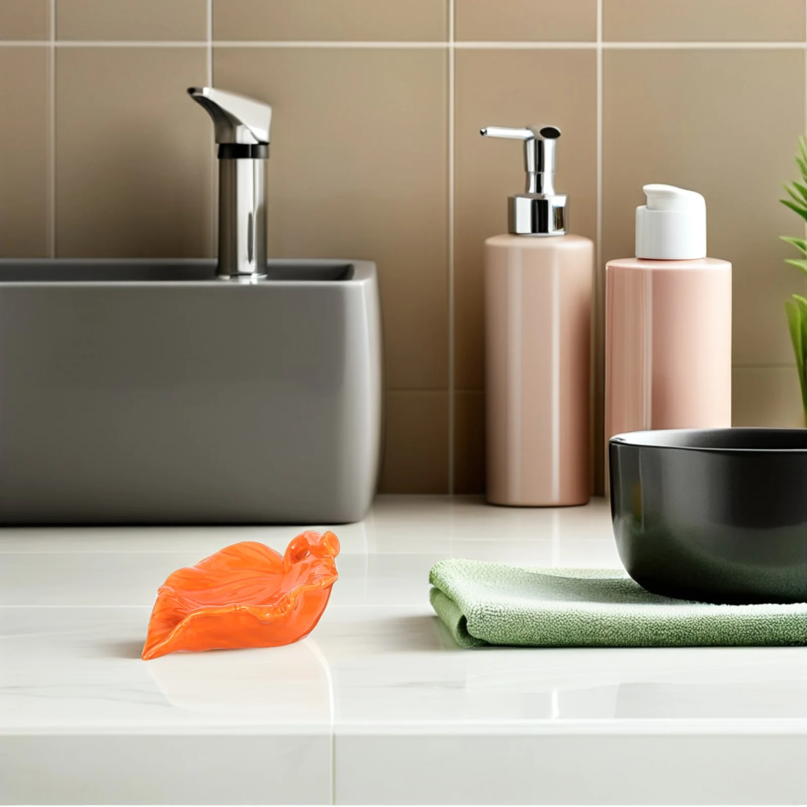 

Ceramic Creative Soap Tray Leaf Shape Orange Self Draining Waterfall Shower Bar Sink Bathroom Organizer Plate Soap Saver Plate