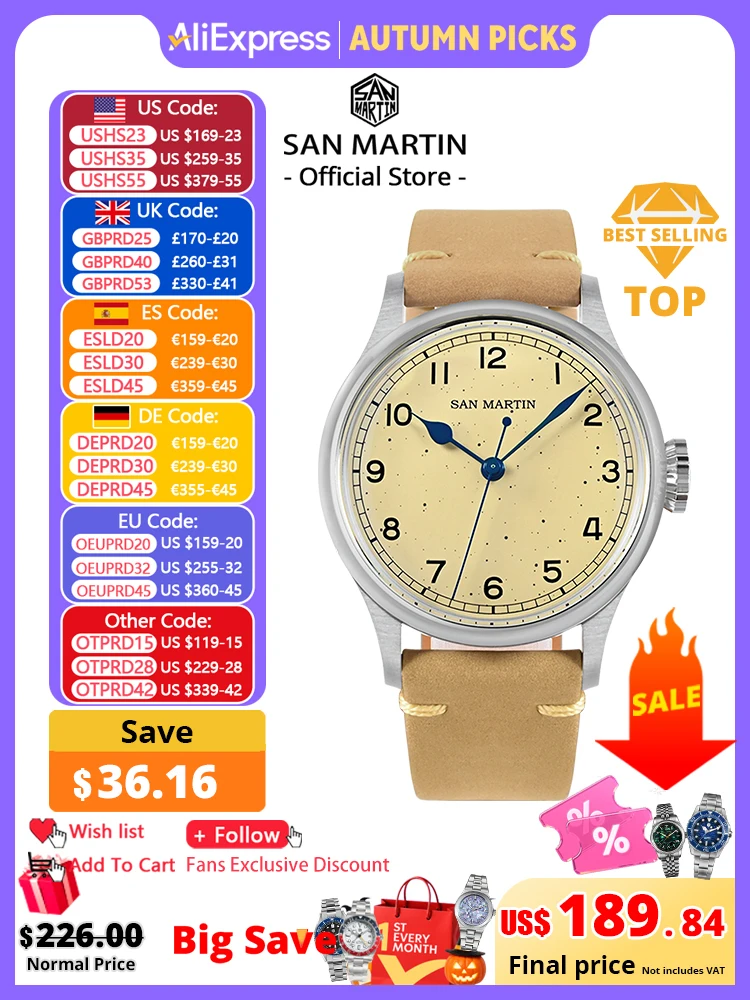 San Martin 38.5mm Men's Mechanical Watch NH35 Vintage Pilot Simple Fashion Wristwatch Baked Varnish Blue Hands 10 Bar Clock