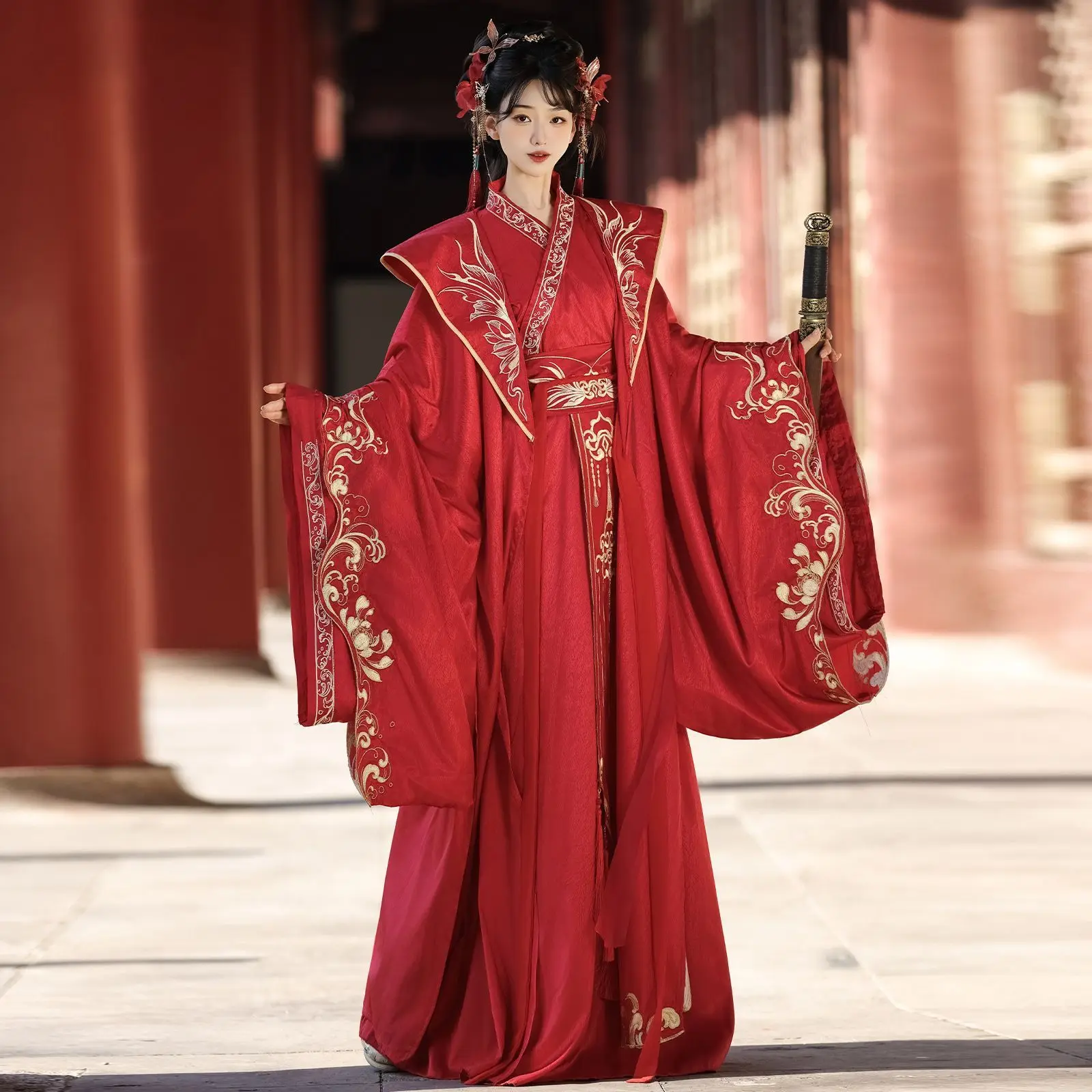 Chinese Traditional Ancient Costume Suit Red and Black Hanfu Dress Set Cosplay Costumes Stage Performance Photography Clothing
