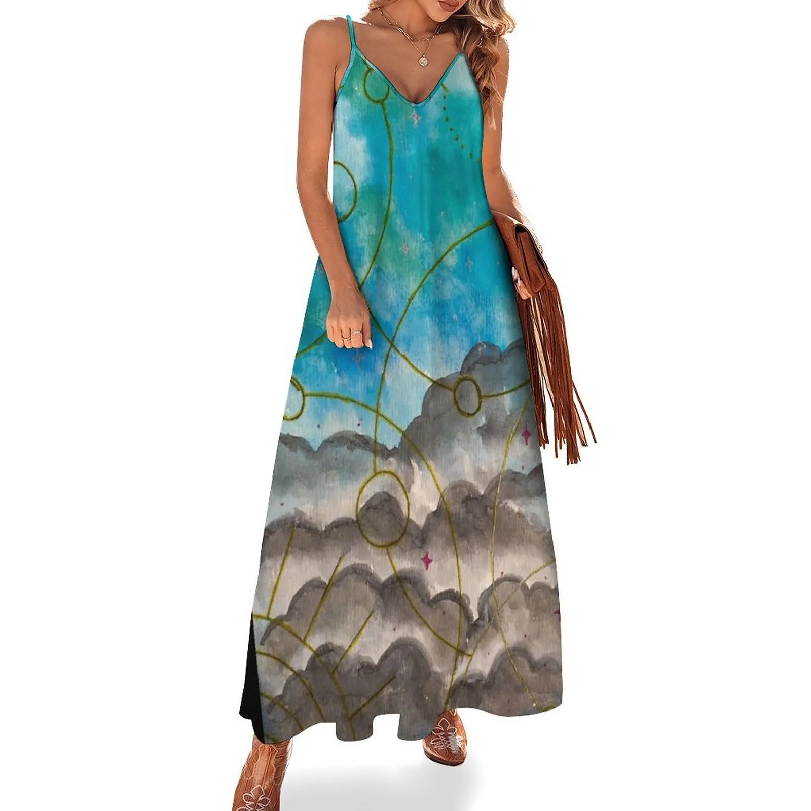 

Army of Clouds on Blue Green Skies Watercolor Art Print Sleeveless Dress elegant dresses plus sizes Dress